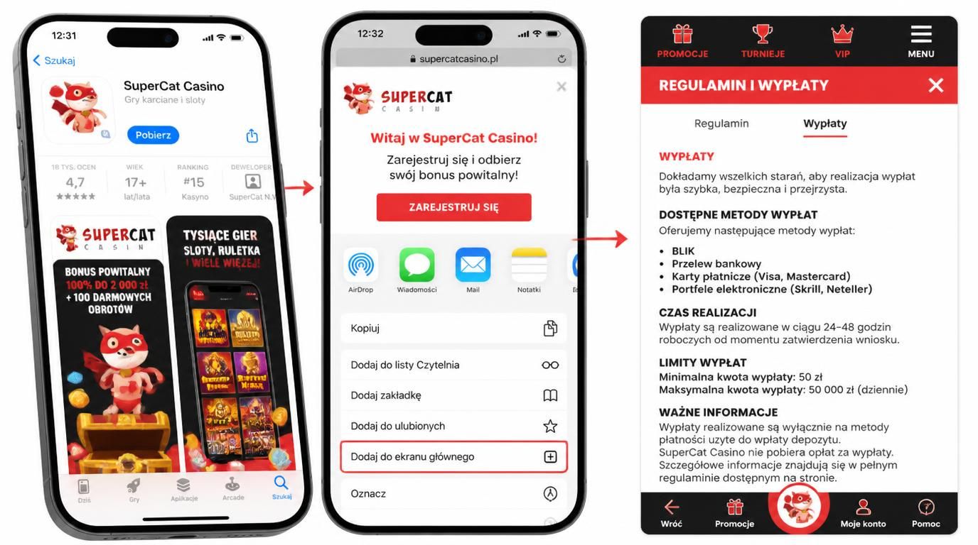 iPhone pokazujący SuperCat w App Store oraz opcję „Dodaj do ekranu głównego”.