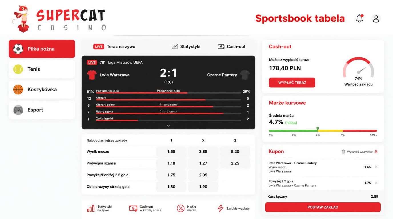 Tabela ofert sportowych z kursami i funkcjami live.
