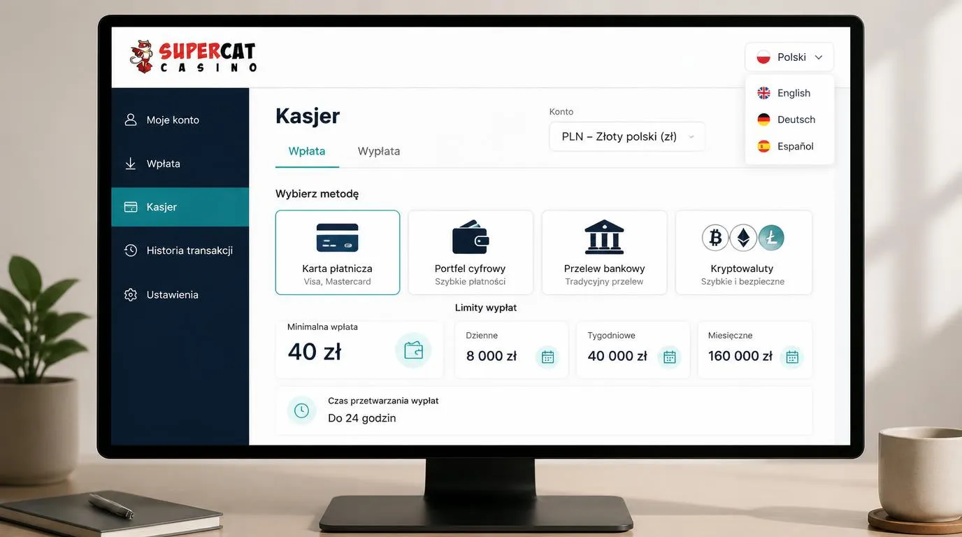 Panel kasy kasyna z saldem w PLN, wyborem płatności i zestawieniem limitów wypłat