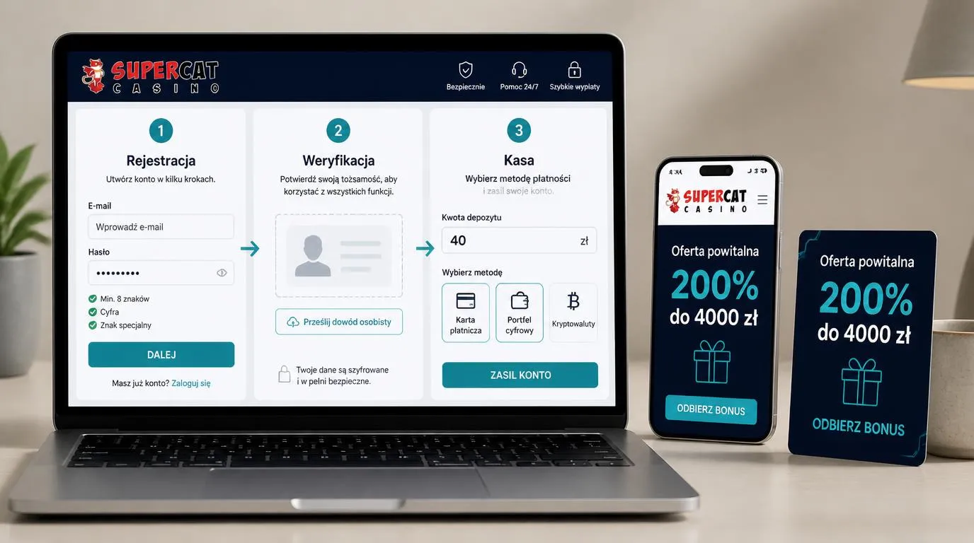 Panel rejestracji, weryfikacji tożsamości i kasy z wpłatą 40 zł oraz ofertą powitalną 200% do 4000 zł