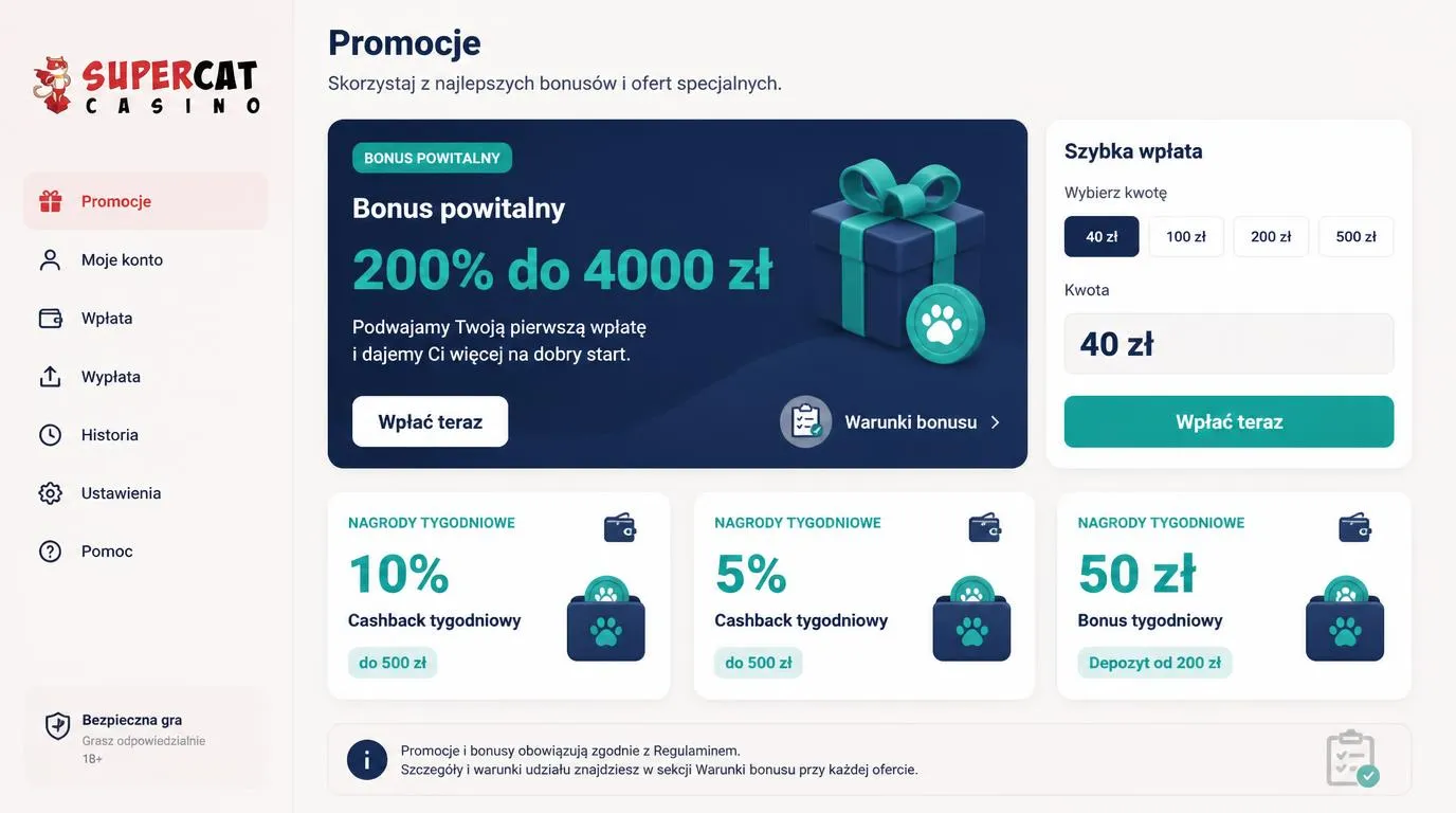 Panel promocji kasynowych z bonusem 200% do 4000 zł, depozytem 40 zł i osobnymi kartami cashbacku